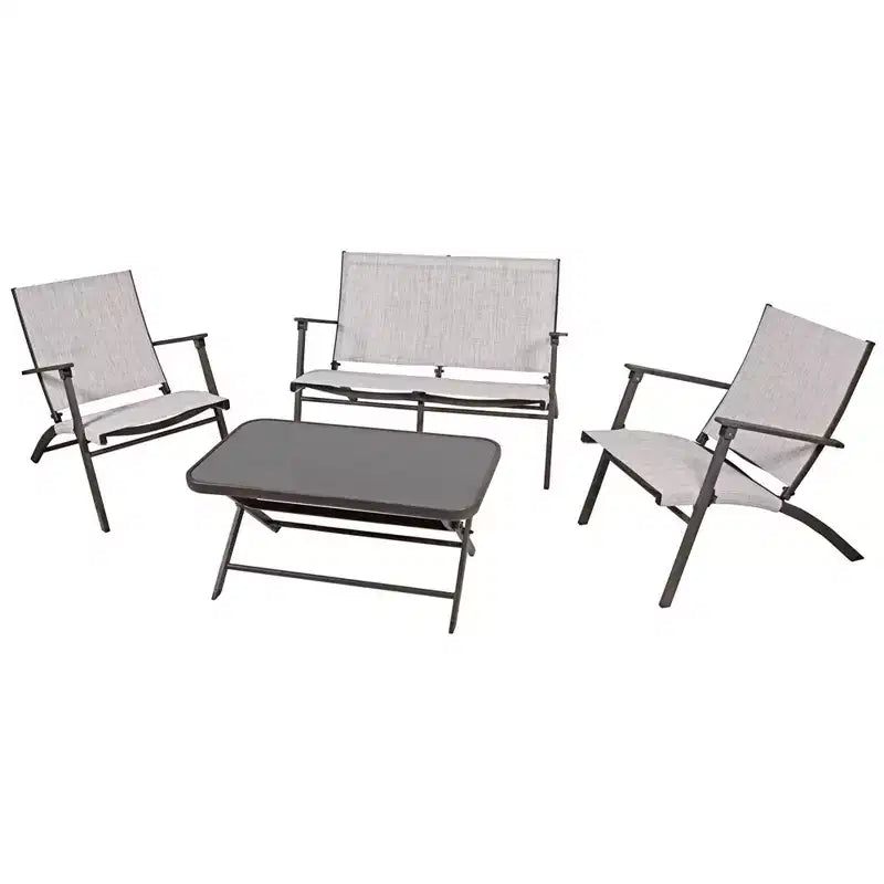 Four Seasons Courtyard Novara 4 Piece Steel Folding Outdoor Conversation Set with 2 Folding Chairs, 1 Loveseat, and 1 Table, Tan/Espresso