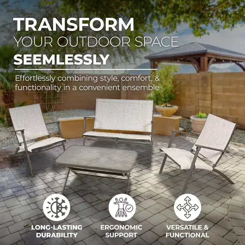 Four Seasons Courtyard Novara – Ensemble de conversation extérieur pliant en acier 4 pièces avec 2 chaises pliantes, 1 causeuse et 1 table, sable/expresso