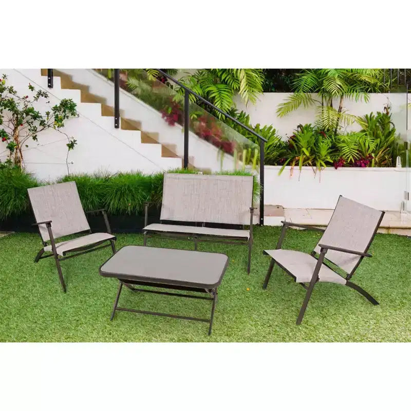 Four Seasons Courtyard Novara – Ensemble de conversation extérieur pliant en acier 4 pièces avec 2 chaises pliantes, 1 causeuse et 1 table, sable/expresso