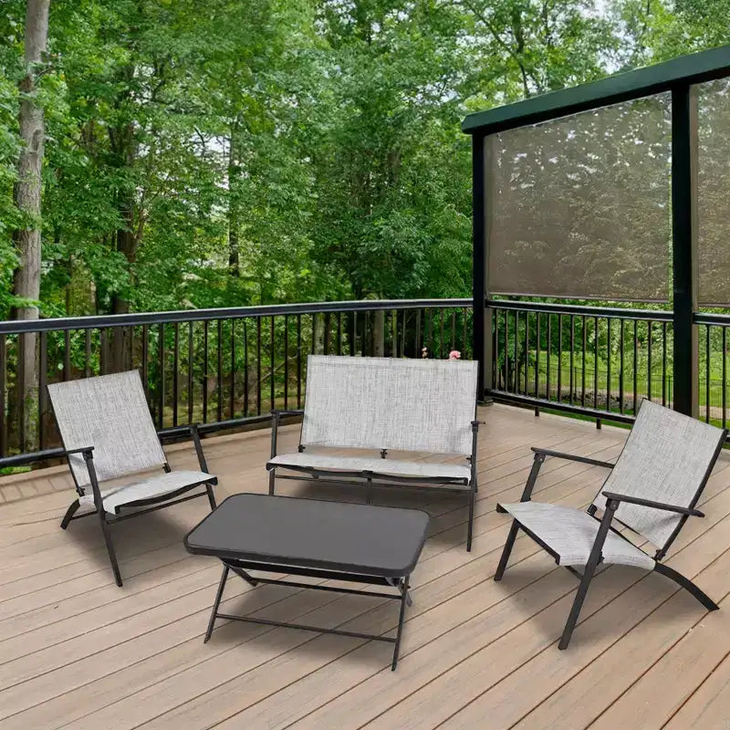 Four Seasons Courtyard Novara – Ensemble de conversation extérieur pliant en acier 4 pièces avec 2 chaises pliantes, 1 causeuse et 1 table, sable/expresso