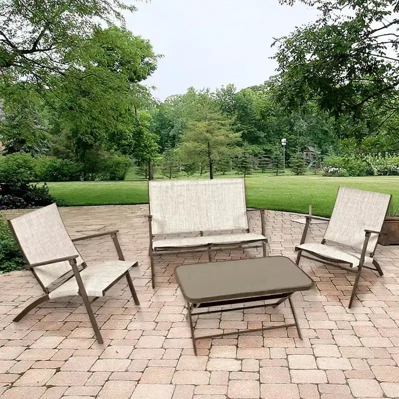 Four Seasons Courtyard Novara – Ensemble de conversation extérieur pliant en acier 4 pièces avec 2 chaises pliantes, 1 causeuse et 1 table, sable/expresso