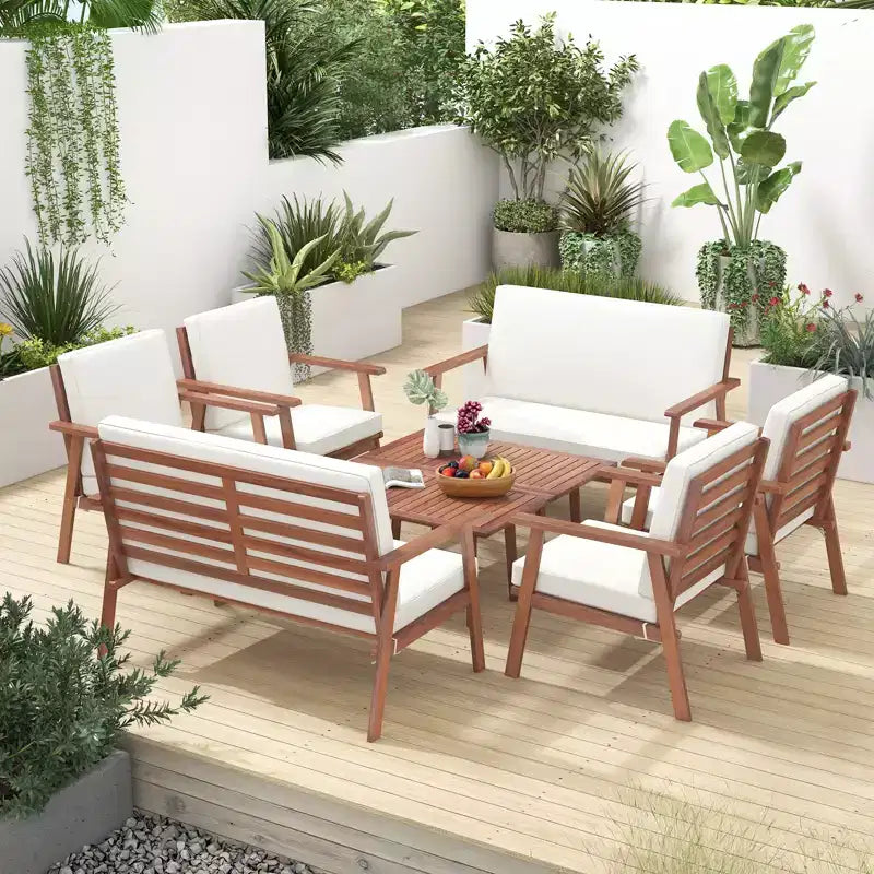 Costway Salon de Jardin 8 Pièces Canapé Table Basse en Bois d'Acacia avec Coussins Gris/Blanc