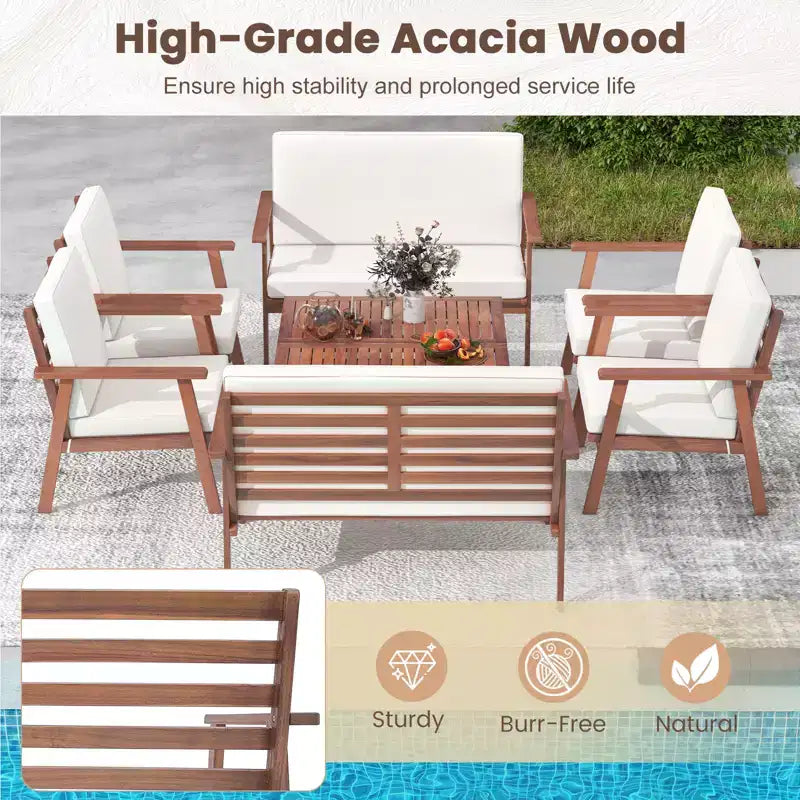 Costway Salon de Jardin 8 Pièces Canapé Table Basse en Bois d'Acacia avec Coussins Gris/Blanc