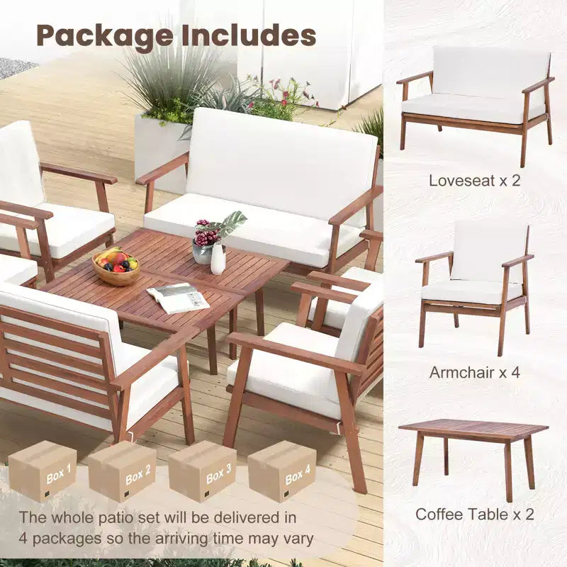 Costway Salon de Jardin 8 Pièces Canapé Table Basse en Bois d'Acacia avec Coussins Gris/Blanc