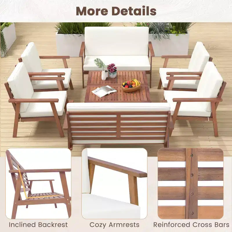 Costway Salon de Jardin 8 Pièces Canapé Table Basse en Bois d'Acacia avec Coussins Gris/Blanc