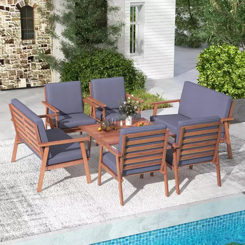 Costway 8 PCS Patio Conversation Set Acacia Wood Sofa Coffee Table with Cushioned Seat Grey/White