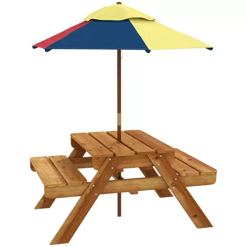 Table de pique-nique Outsunny pour enfants, table d'activités sable et eau 3 en 1 avec parasol pliable, 2 bacs de jeu, plateau amovible, pour les 3-6 ans, teck