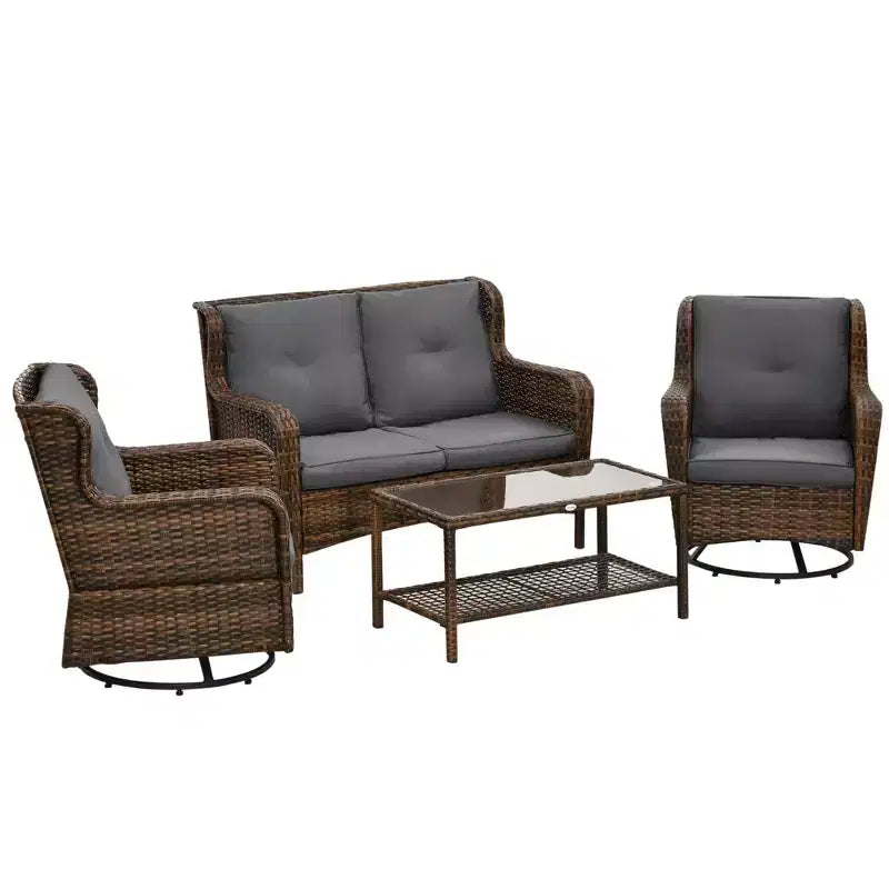 Ensemble de mobilier de patio Outsunny, mobilier d'extérieur 4 pièces en rotin PE avec 2 fauteuils pivotants, table en verre à 2 niveaux et canapé deux places