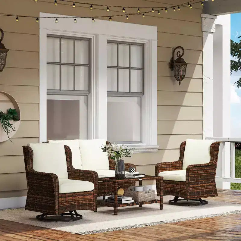 Ensemble de mobilier de patio Outsunny, mobilier d'extérieur 4 pièces en rotin PE avec 2 fauteuils pivotants, table en verre à 2 niveaux et canapé deux places