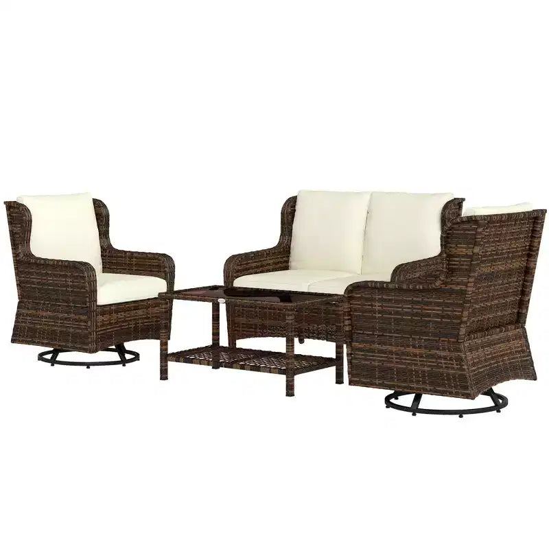 Ensemble de mobilier de patio Outsunny, mobilier d'extérieur 4 pièces en rotin PE avec 2 fauteuils pivotants, table en verre à 2 niveaux et canapé deux places