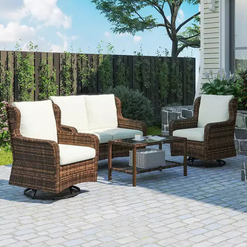 Ensemble de mobilier de patio Outsunny, mobilier d'extérieur 4 pièces en rotin PE avec 2 fauteuils pivotants, table en verre à 2 niveaux et canapé deux places