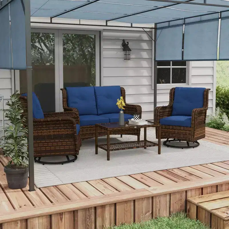 Ensemble de mobilier de patio Outsunny, mobilier d'extérieur 4 pièces en rotin PE avec 2 fauteuils pivotants, table en verre à 2 niveaux et canapé deux places
