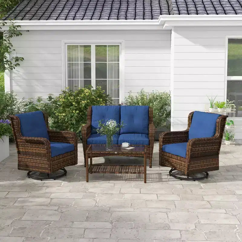 Ensemble de mobilier de patio Outsunny, mobilier d'extérieur 4 pièces en rotin PE avec 2 fauteuils pivotants, table en verre à 2 niveaux et canapé deux places