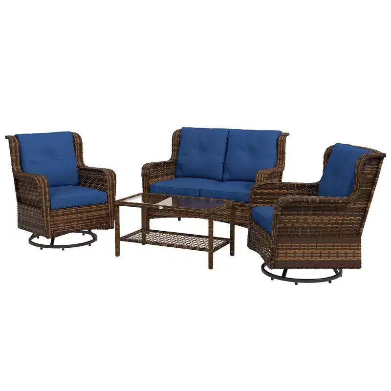 Ensemble de mobilier de patio Outsunny, mobilier d'extérieur 4 pièces en rotin PE avec 2 fauteuils pivotants, table en verre à 2 niveaux et canapé deux places