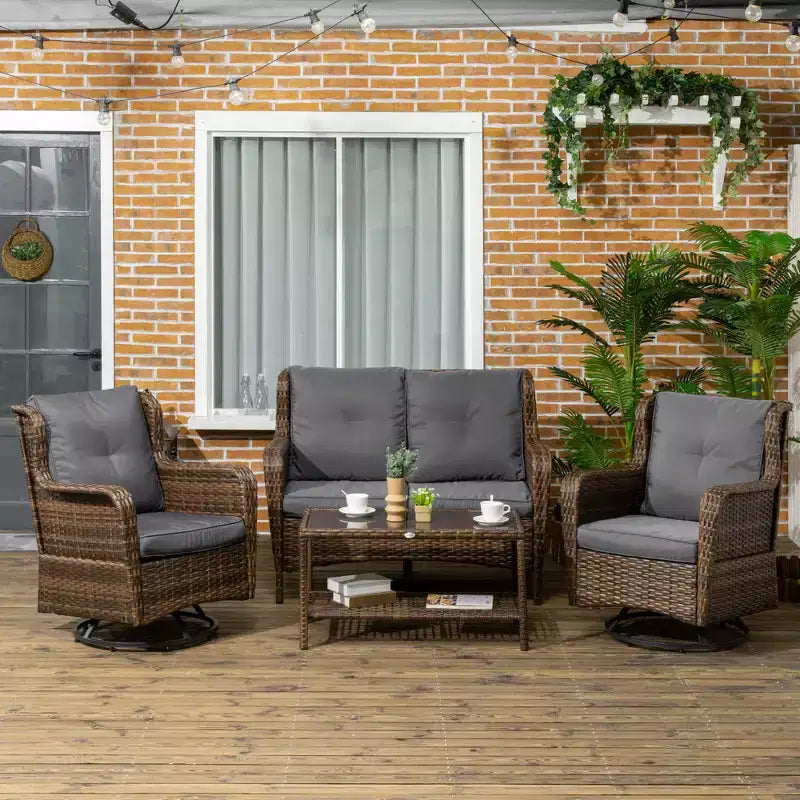 Ensemble de mobilier de patio Outsunny, mobilier d'extérieur 4 pièces en rotin PE avec 2 fauteuils pivotants, table en verre à 2 niveaux et canapé deux places