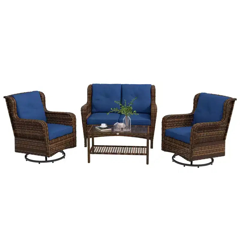 Outsunny Patio Furniture Set, 4 Piece PE Rattan Outdoor Furniture with 2 Swivel Glider Chairs, 2-Tier Glass Table & Loveseat Sofa