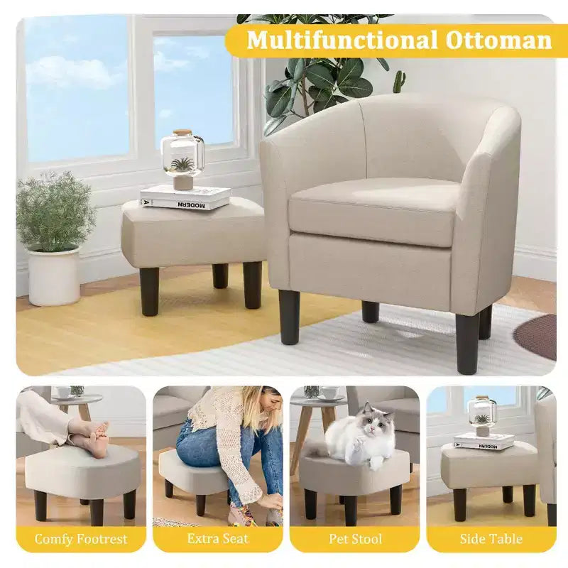 Fauteuil club tonneau Costway avec pouf, dossier incurvé et coussin d'assise amovible gris/beige