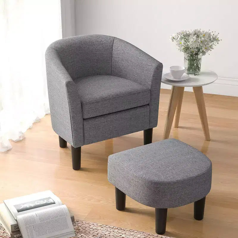 Fauteuil club tonneau Costway avec pouf, dossier incurvé et coussin d'assise amovible gris/beige