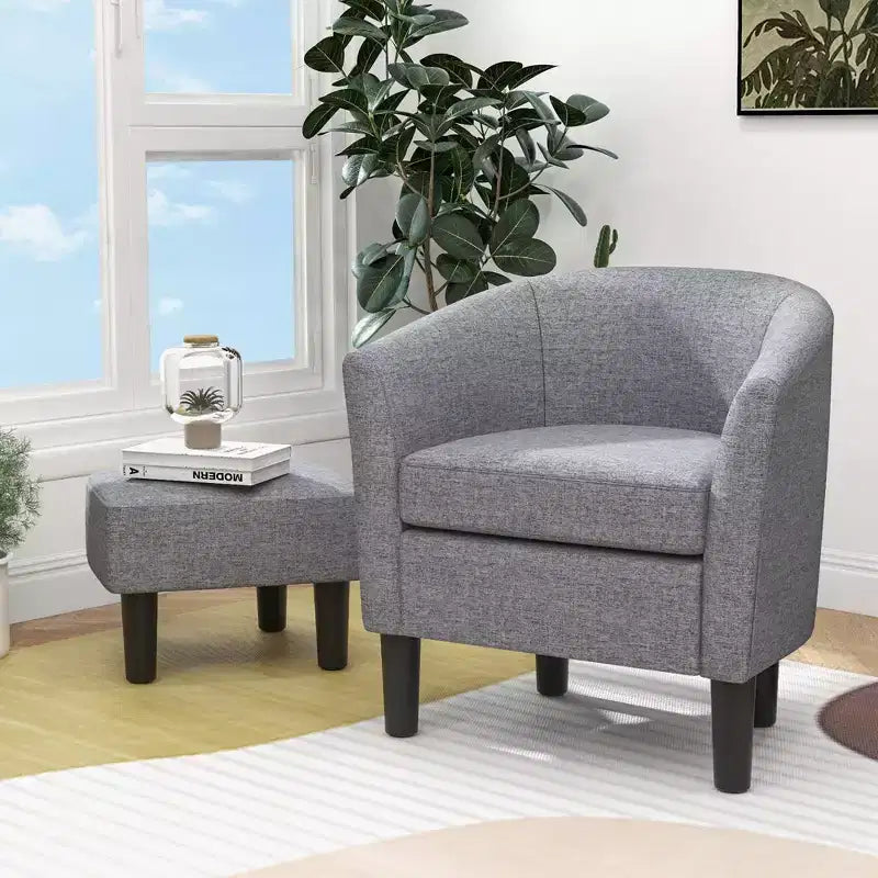 Fauteuil club tonneau Costway avec pouf, dossier incurvé et coussin d'assise amovible gris/beige