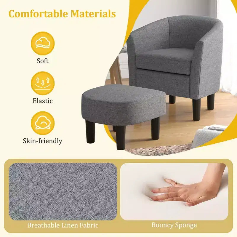 Fauteuil club tonneau Costway avec pouf, dossier incurvé et coussin d'assise amovible gris/beige