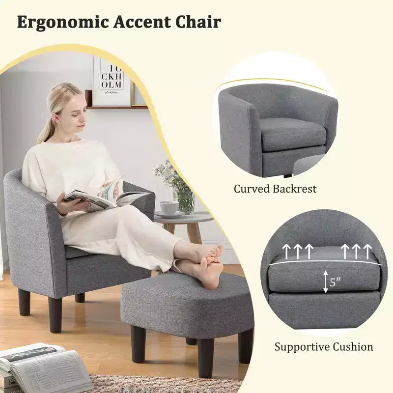 Fauteuil club tonneau Costway avec pouf, dossier incurvé et coussin d'assise amovible gris/beige
