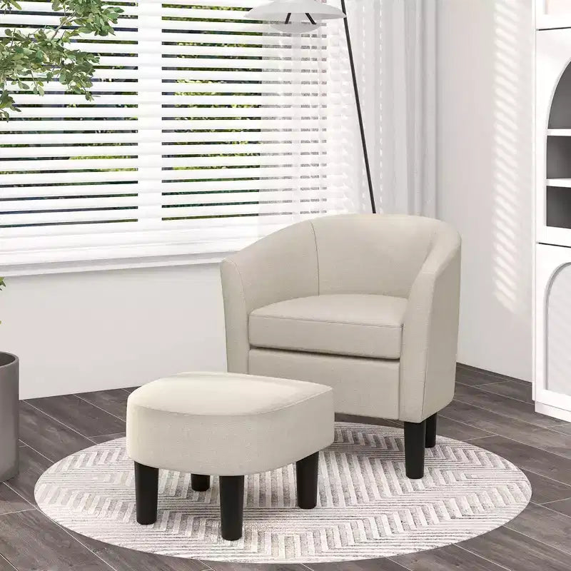 Fauteuil club tonneau Costway avec pouf, dossier incurvé et coussin d'assise amovible gris/beige