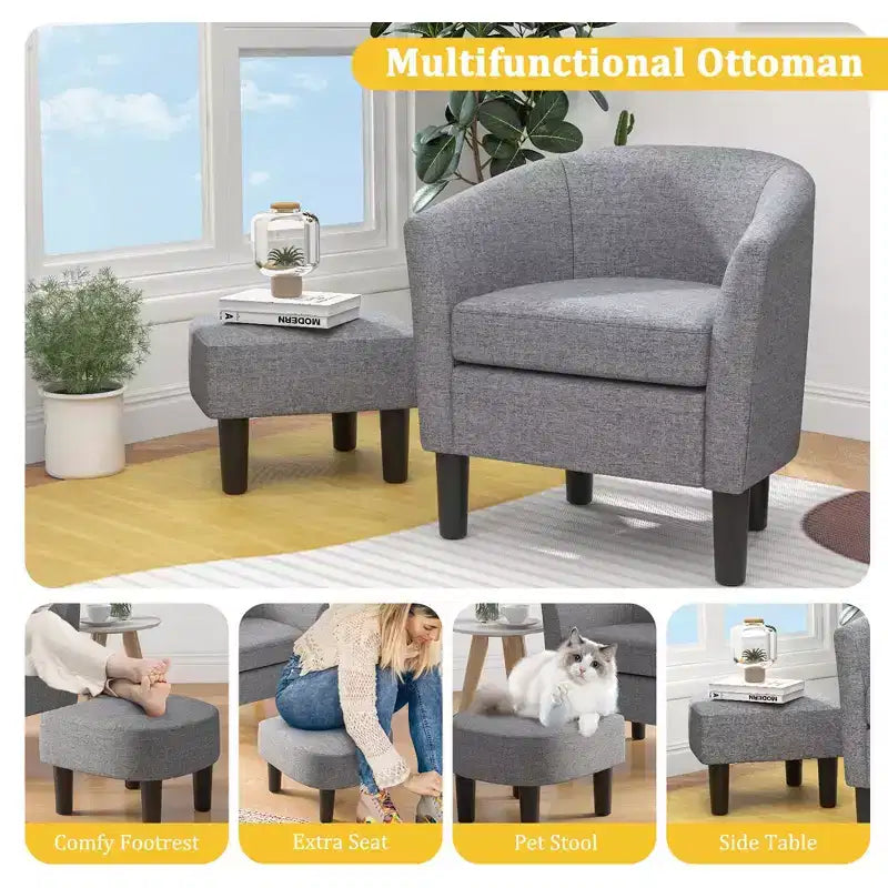 Fauteuil club tonneau Costway avec pouf, dossier incurvé et coussin d'assise amovible gris/beige