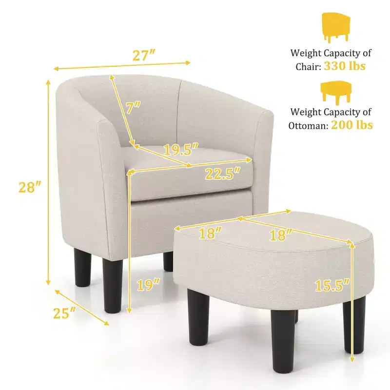Fauteuil club tonneau Costway avec pouf, dossier incurvé et coussin d'assise amovible gris/beige