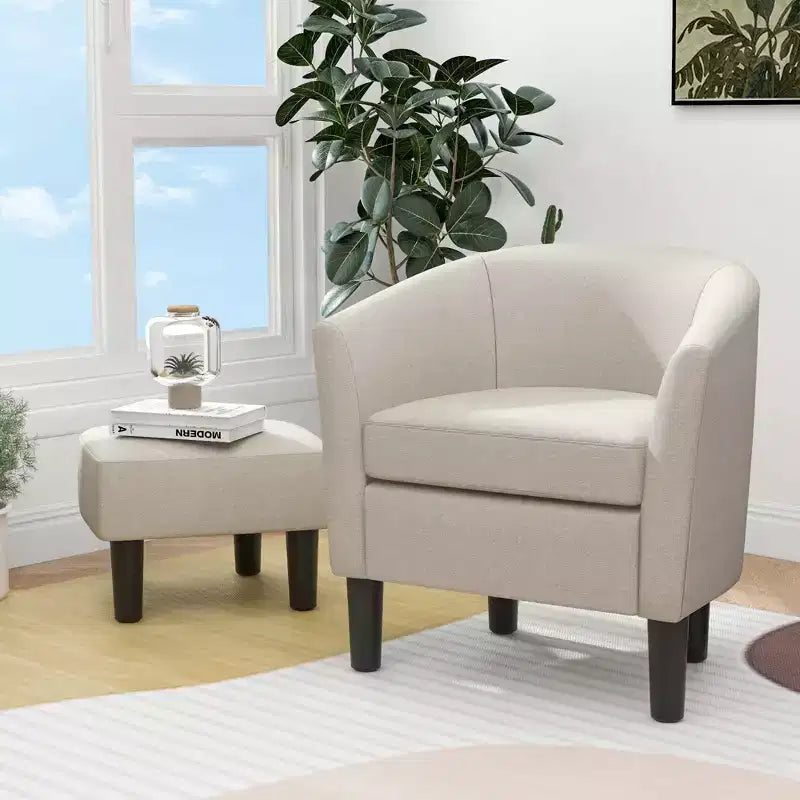 Fauteuil club tonneau Costway avec pouf, dossier incurvé et coussin d'assise amovible gris/beige