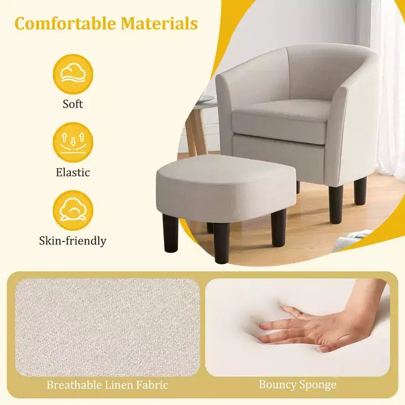 Fauteuil club tonneau Costway avec pouf, dossier incurvé et coussin d'assise amovible gris/beige