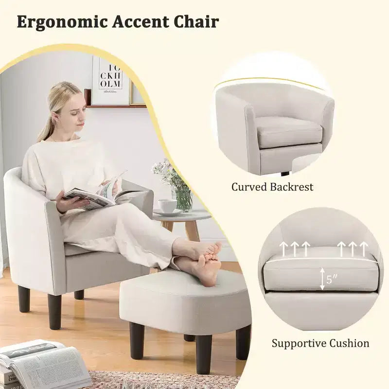 Fauteuil club tonneau Costway avec pouf, dossier incurvé et coussin d'assise amovible gris/beige