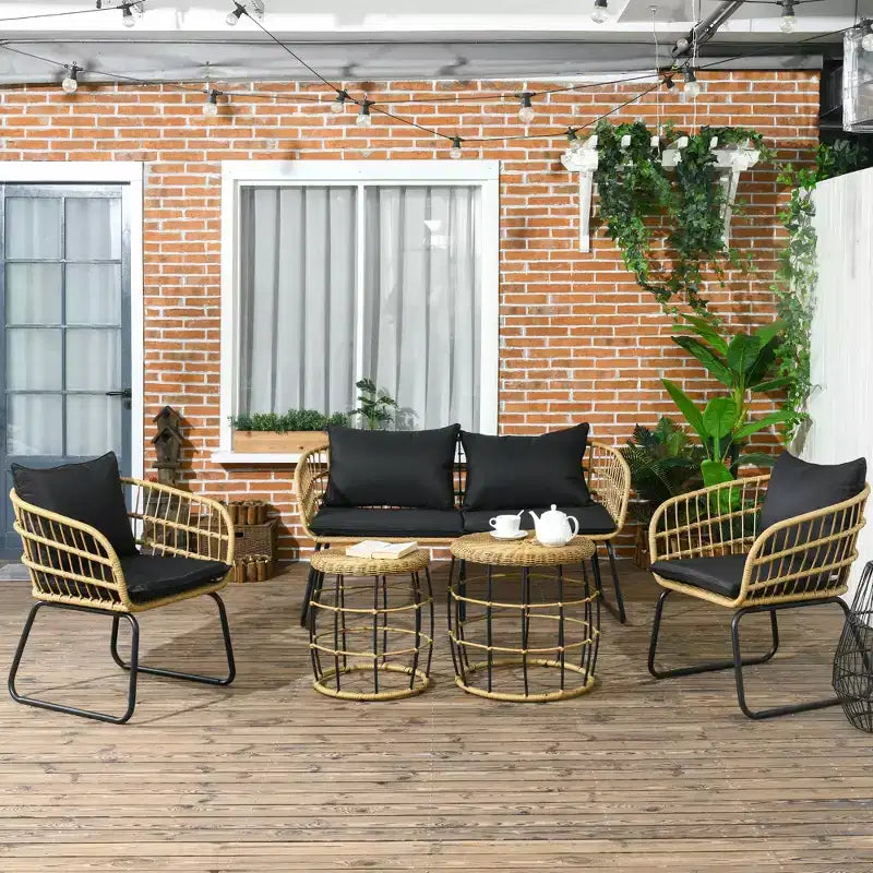 Outsunny Ensemble de mobilier d'extérieur 5 pièces en rotin PE avec chaises rembourrées, canapé deux places et tables basses empilables