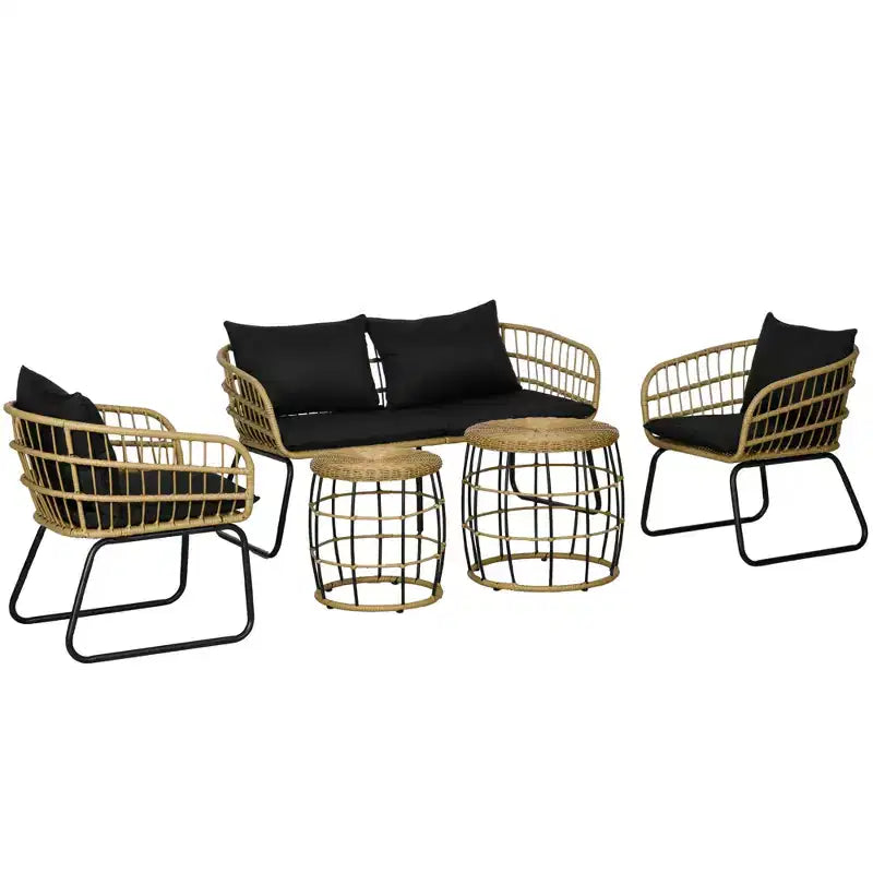 Outsunny Ensemble de mobilier d'extérieur 5 pièces en rotin PE avec chaises rembourrées, canapé deux places et tables basses empilables