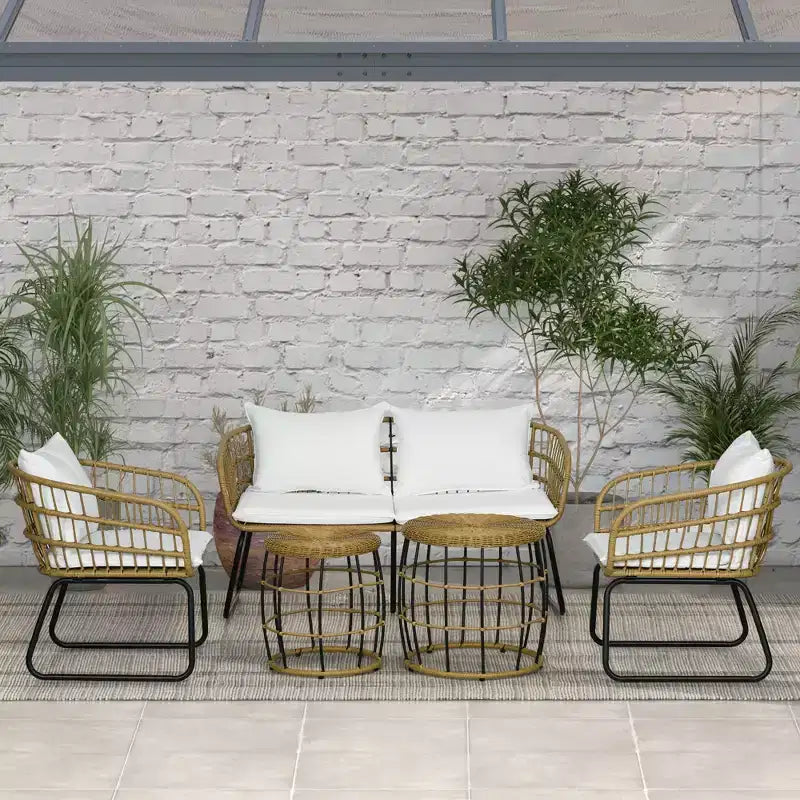 Outsunny Ensemble de mobilier d'extérieur 5 pièces en rotin PE avec chaises rembourrées, canapé deux places et tables basses empilables