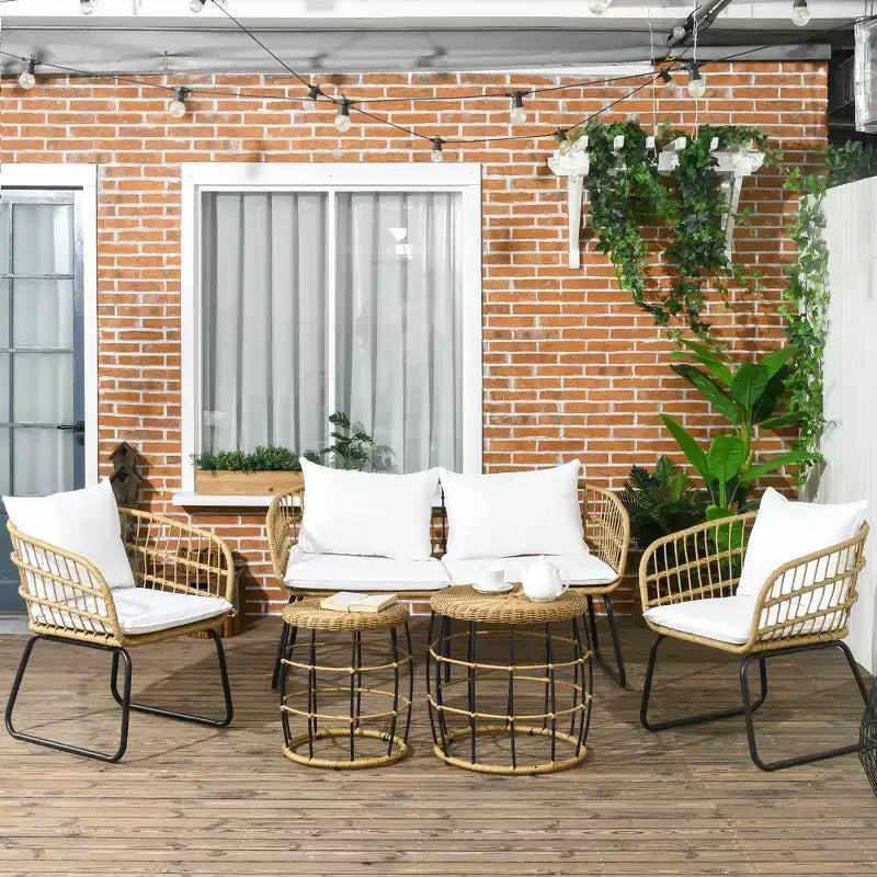 Outsunny Ensemble de mobilier d'extérieur 5 pièces en rotin PE avec chaises rembourrées, canapé deux places et tables basses empilables