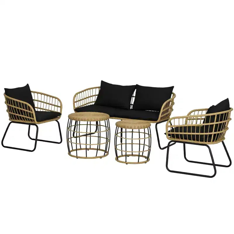 Outsunny 5 Piece PE Rattan Outdoor Furniture Set with Cushioned Chairs, Loveseat Sofa & Stackable Coffee Tables
