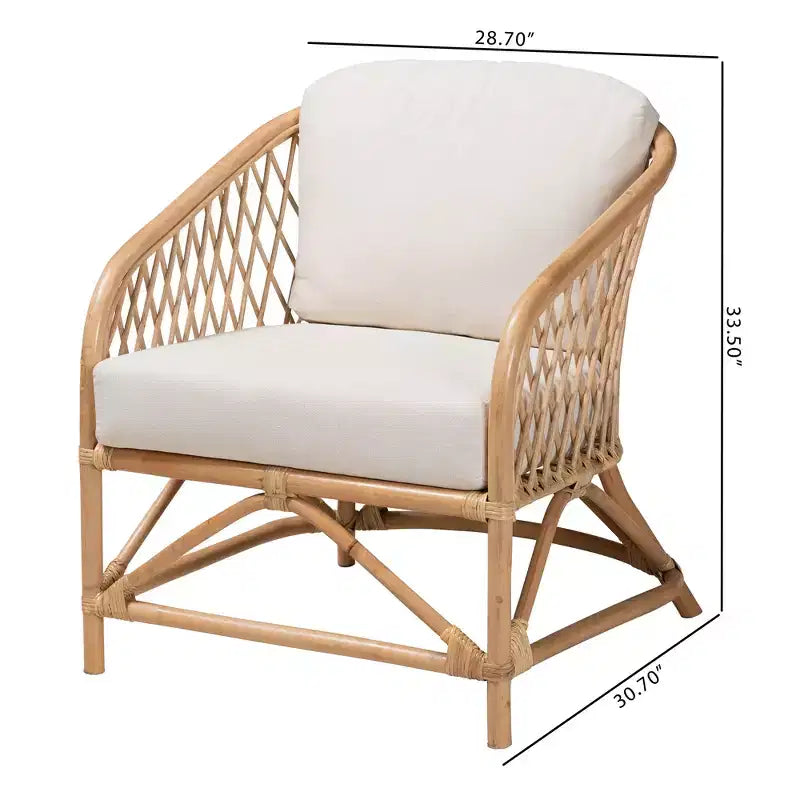 bali & pari Patsy Modern Bohemian White Fabric and Natural Brown Rattan Armchair