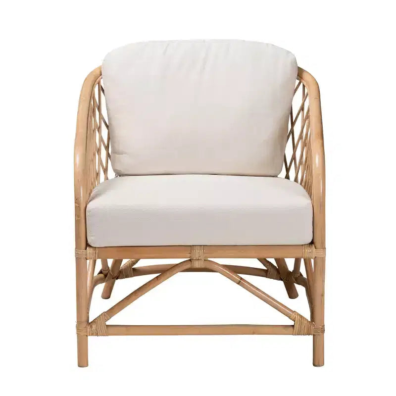 bali & pari Patsy Modern Bohemian White Fabric and Natural Brown Rattan Armchair