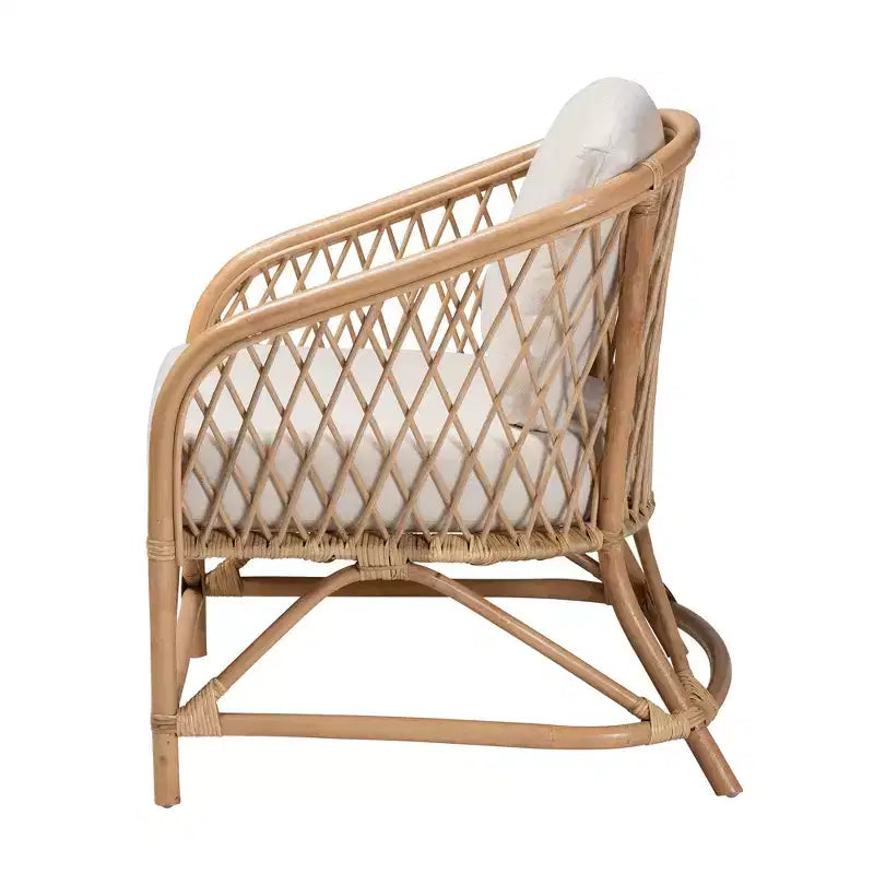 bali & pari Patsy Modern Bohemian White Fabric and Natural Brown Rattan Armchair