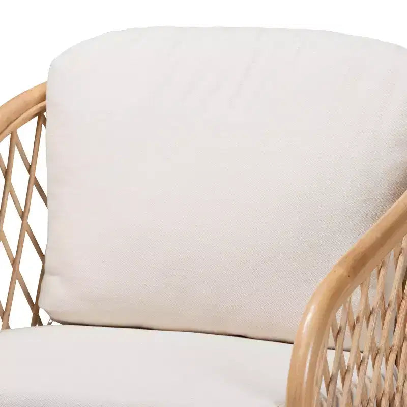 bali & pari Patsy Modern Bohemian White Fabric and Natural Brown Rattan Armchair