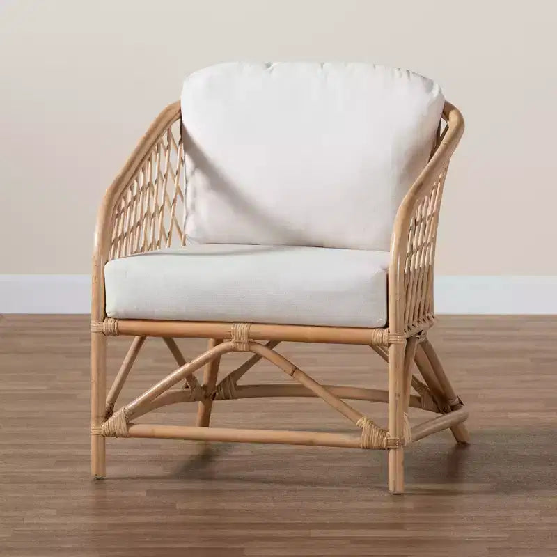 bali & pari Patsy Modern Bohemian White Fabric and Natural Brown Rattan Armchair