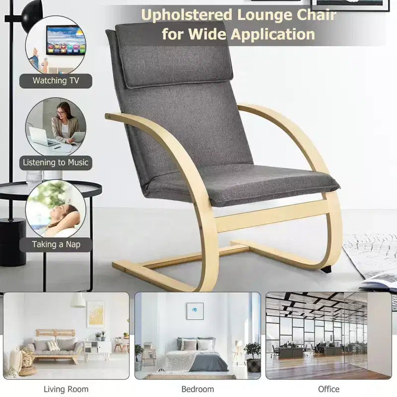 Costway Fauteuil de salon moderne en bois courbé avec accoudoirs en tissu gris