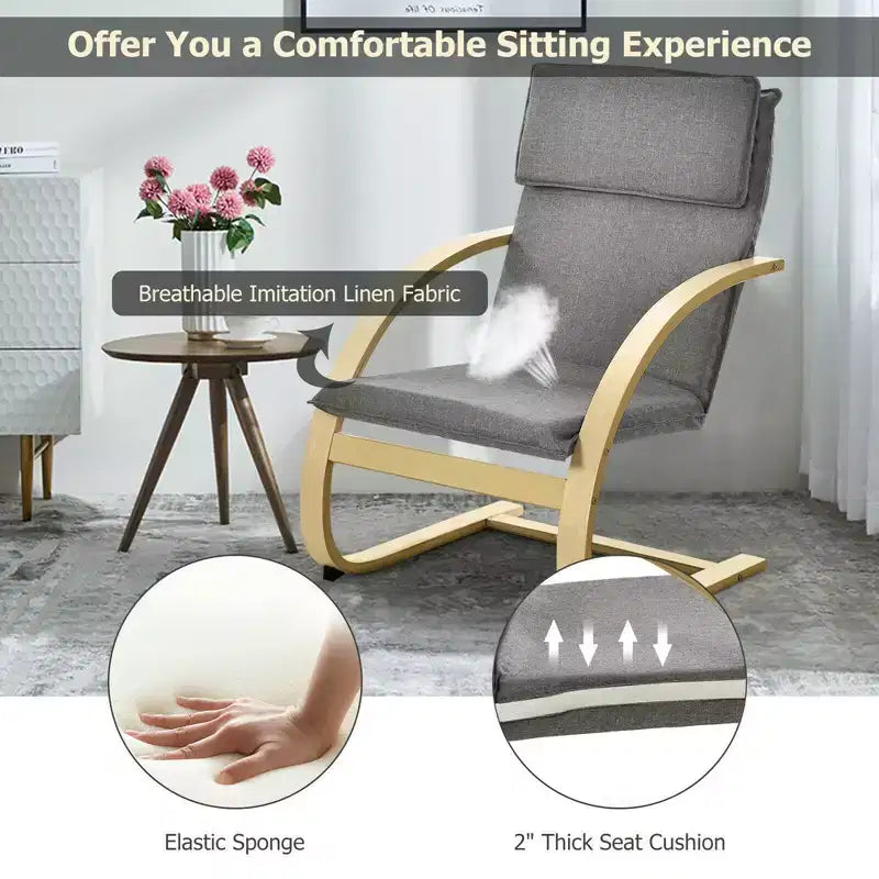Costway Fauteuil de salon moderne en bois courbé avec accoudoirs en tissu gris