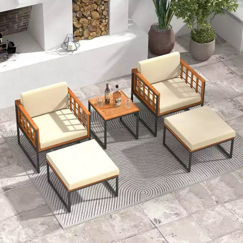 Costway Ensemble de Meubles de Patio 5 Pièces en Bois d'Acacia avec Ottomans Coussins Moelleux et Table Basse