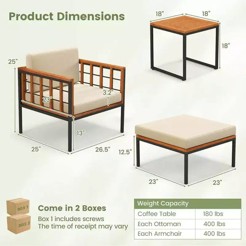 Costway Ensemble de Meubles de Patio 5 Pièces en Bois d'Acacia avec Ottomans Coussins Moelleux et Table Basse