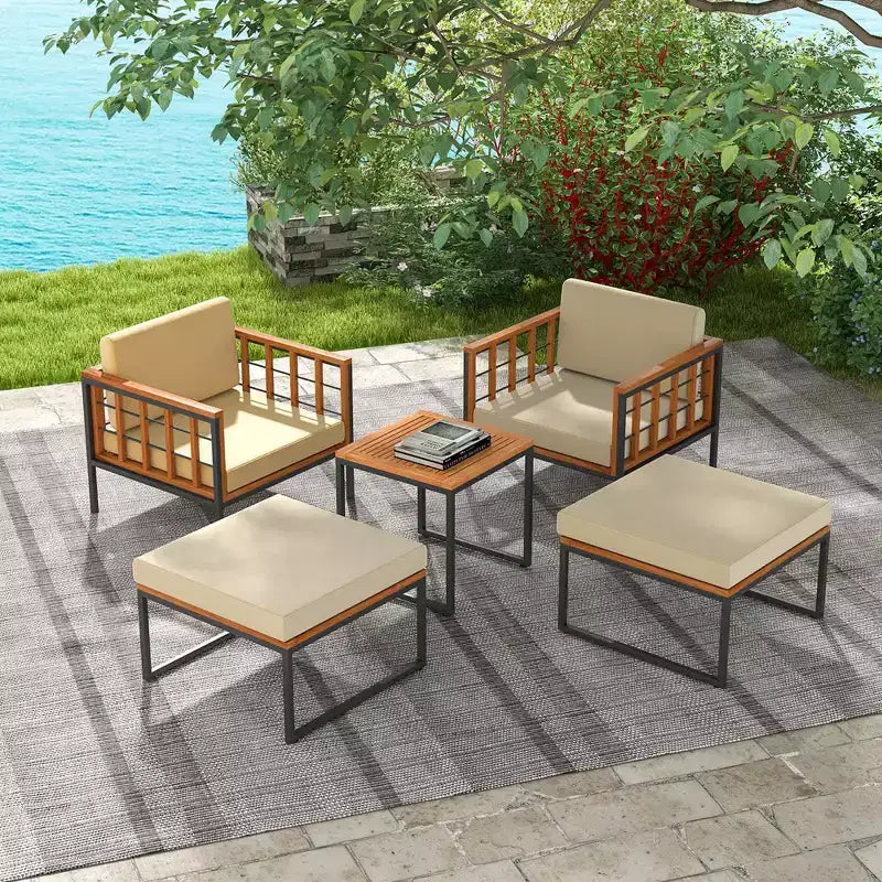 Costway Ensemble de Meubles de Patio 5 Pièces en Bois d'Acacia avec Ottomans Coussins Moelleux et Table Basse
