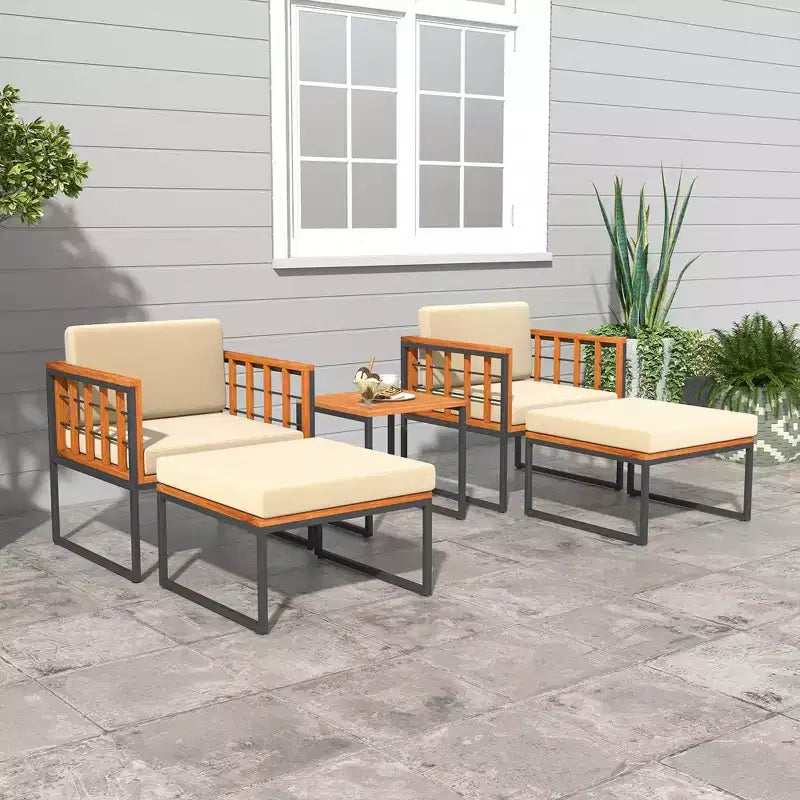 Costway Ensemble de Meubles de Patio 5 Pièces en Bois d'Acacia avec Ottomans Coussins Moelleux et Table Basse