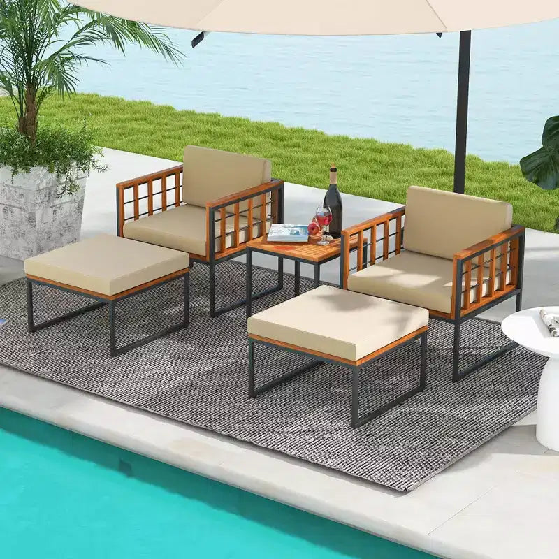 Costway Ensemble de Meubles de Patio 5 Pièces en Bois d'Acacia avec Ottomans Coussins Moelleux et Table Basse