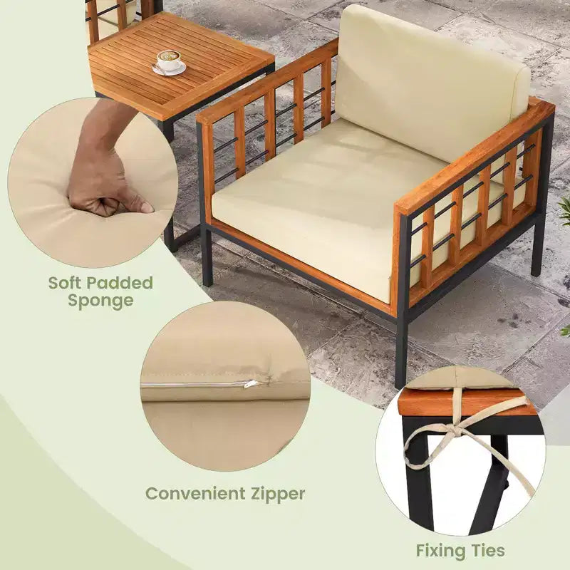 Costway Ensemble de Meubles de Patio 5 Pièces en Bois d'Acacia avec Ottomans Coussins Moelleux et Table Basse