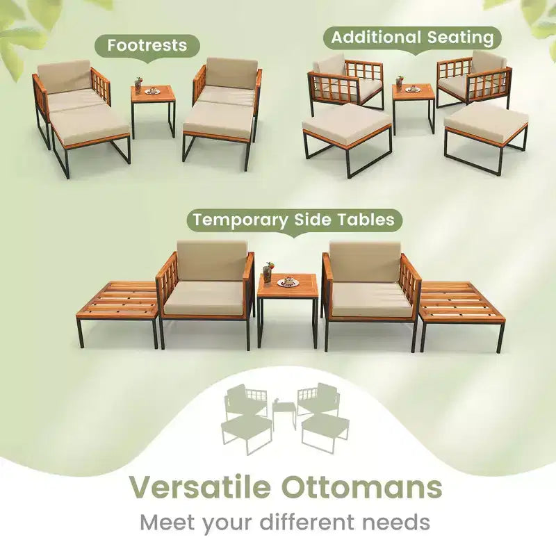 Costway Ensemble de Meubles de Patio 5 Pièces en Bois d'Acacia avec Ottomans Coussins Moelleux et Table Basse